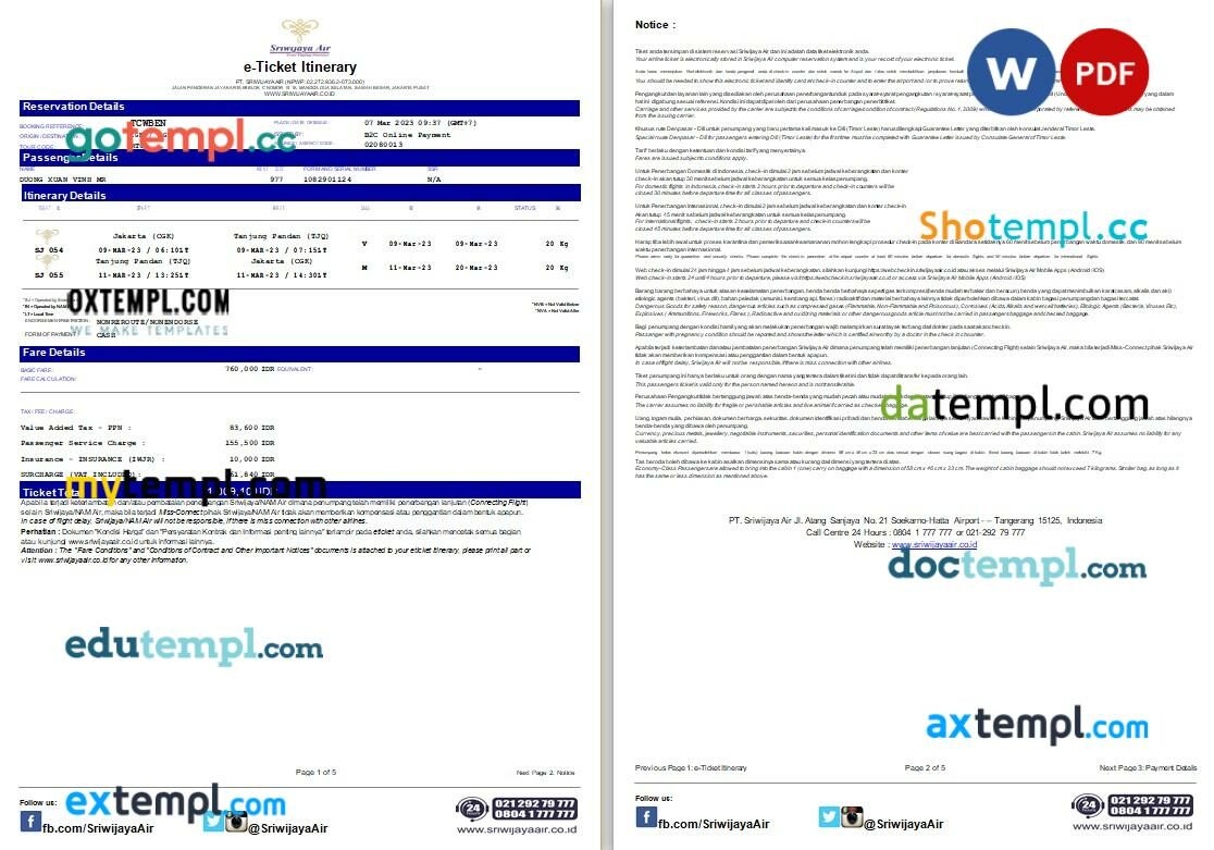 Sriwijaya Air airplane e-ticket, Word and PDF download template, 5 pages