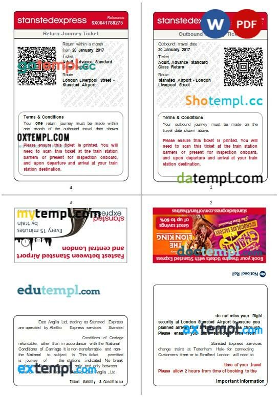 Stansted Express train e-ticket, Word and PDF download template