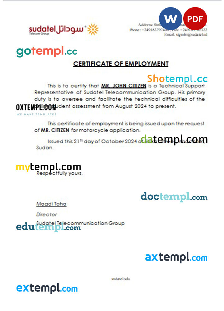 Sudan Sudatel Telecommunication Group certificate of employment Word and PDF download template