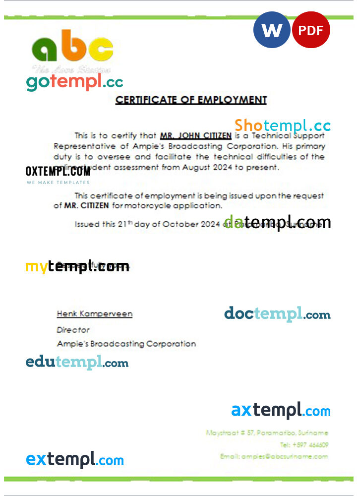 Suriname Ampie’s Broadcasting Corporation certificate of employment Word and PDF download template