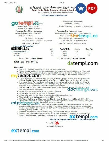 Tamil Nadu State Transport Corporation bus e-ticket, Word and PDF download template