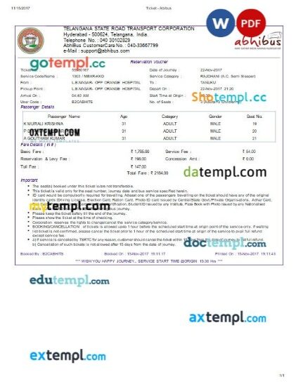 Telangana State Road Transport Corporation + Abhibus bus e-ticket, Word and PDF download template