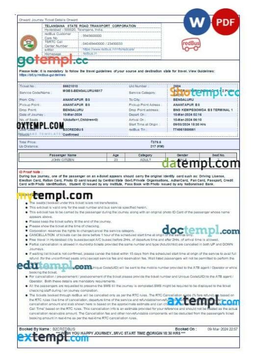 Telangana State Road Transport Corporation + RedBus bus ticket, Word and PDF download template