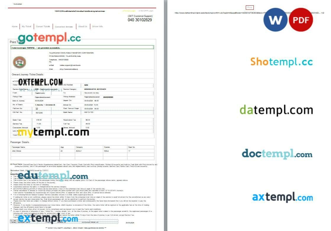 Rajasthan State Road Transport Corporation bus e-ticket, Word and PDF download template