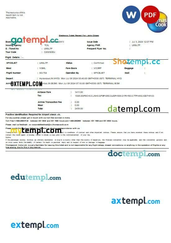 MakeMyTrip + Go Air airplane e-ticket, Word and PDF download template, 3 pages