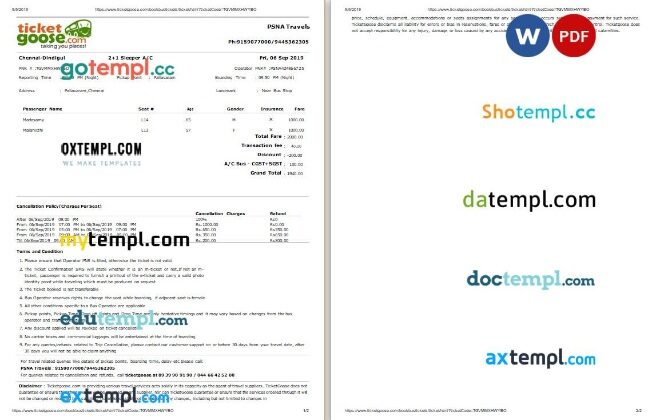 TicketGoose bus e-ticket, Word and PDF download template, 2 pages