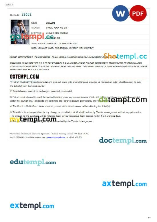 Ticketdada movie e-ticket, Word and PDF download template