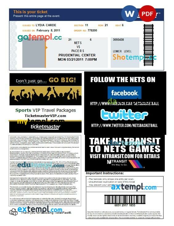 Ticketmaster’s event e-ticket, Word and PDF download template