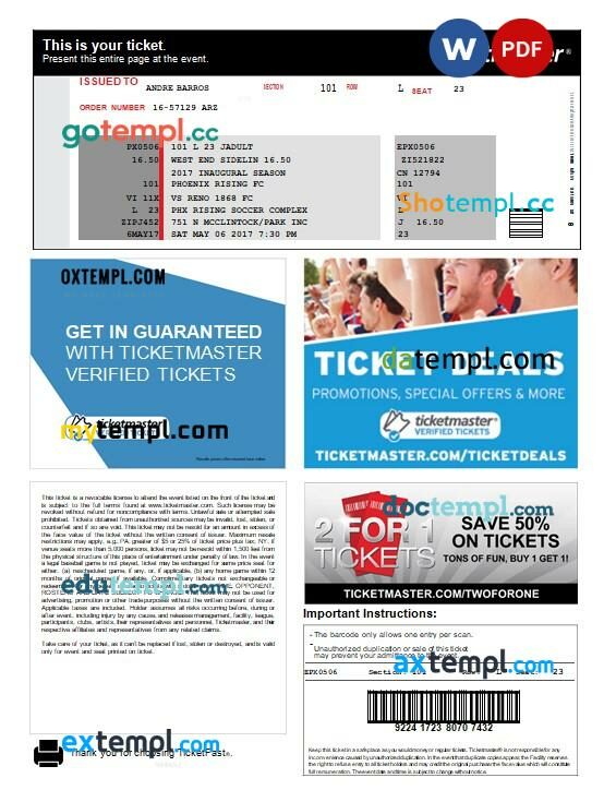 Ticketmaster’s event e-ticket, Word and PDF download template, version 2