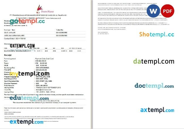 TransNusa airplane e-ticket, Word and PDF download template, 2 pages