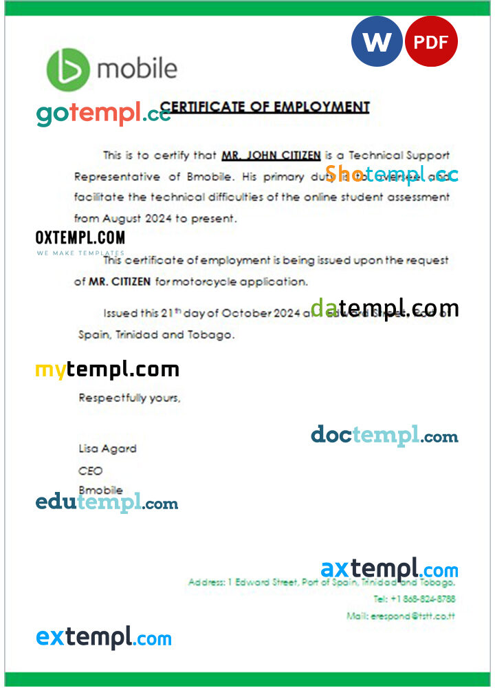 Trinidad and Tobago Bmobile certificate of employment Word and PDF download template