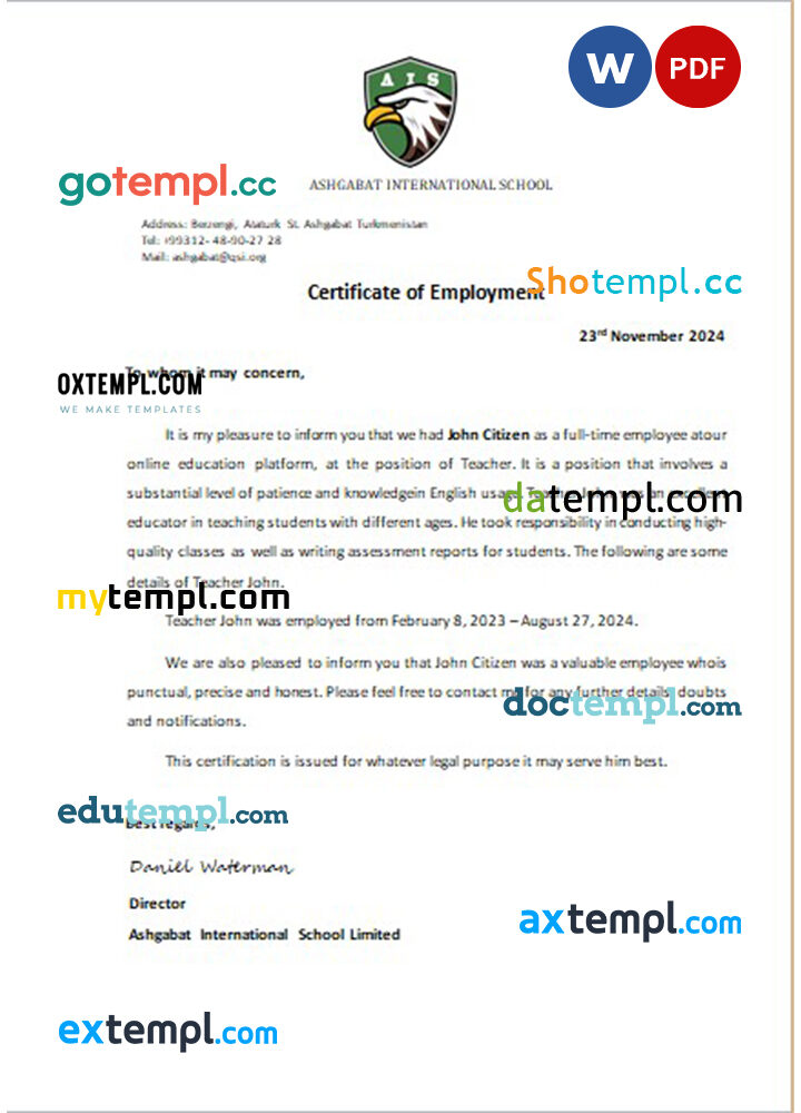 Turkmenistan Ashgabat International School certificate of employment Word and PDF download template