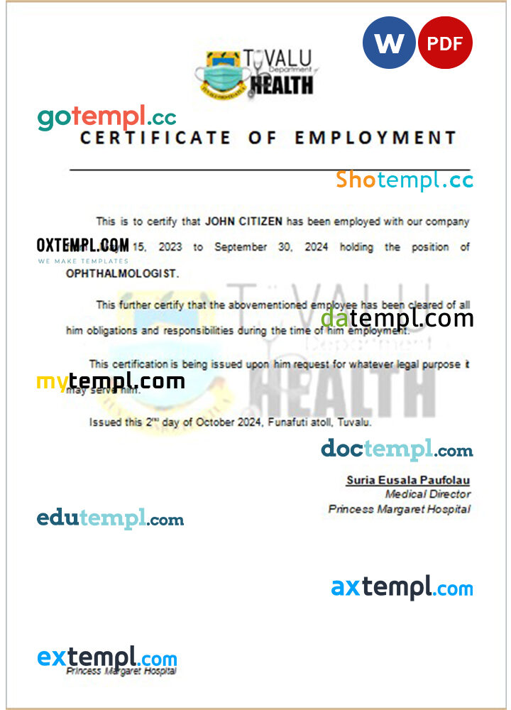 Tuvalu Princess Margaret Hospital certificate of employment Word and PDF download template