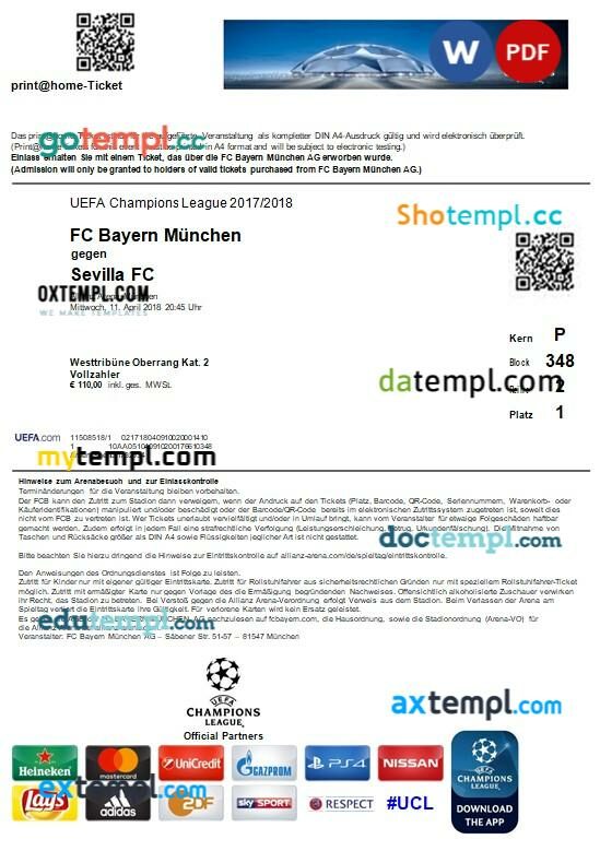 UEFA Champions League e-ticket, Word and PDF download template