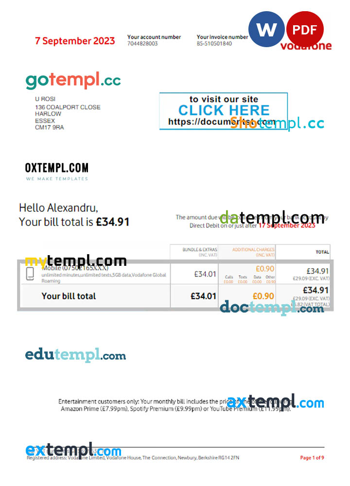 UNITED KINGDOM VODAFONE utility bill Word and PDF template, version 3