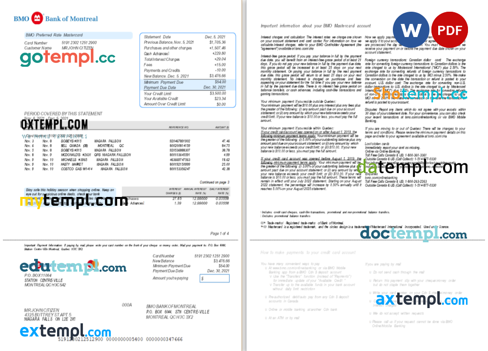 USA BMO Bank of Montreal bank statement 3 – 6 months Word and PDF example, 3 pages