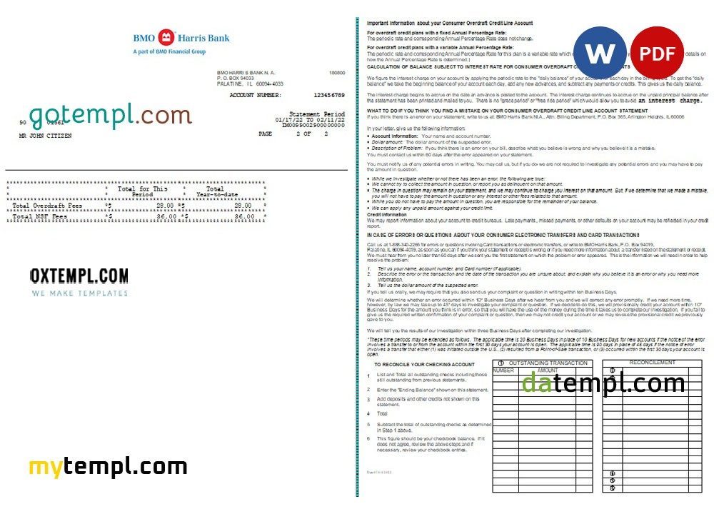 USA BMO Harris bank statement 3 – 6 months Word and PDF example, 3 pages