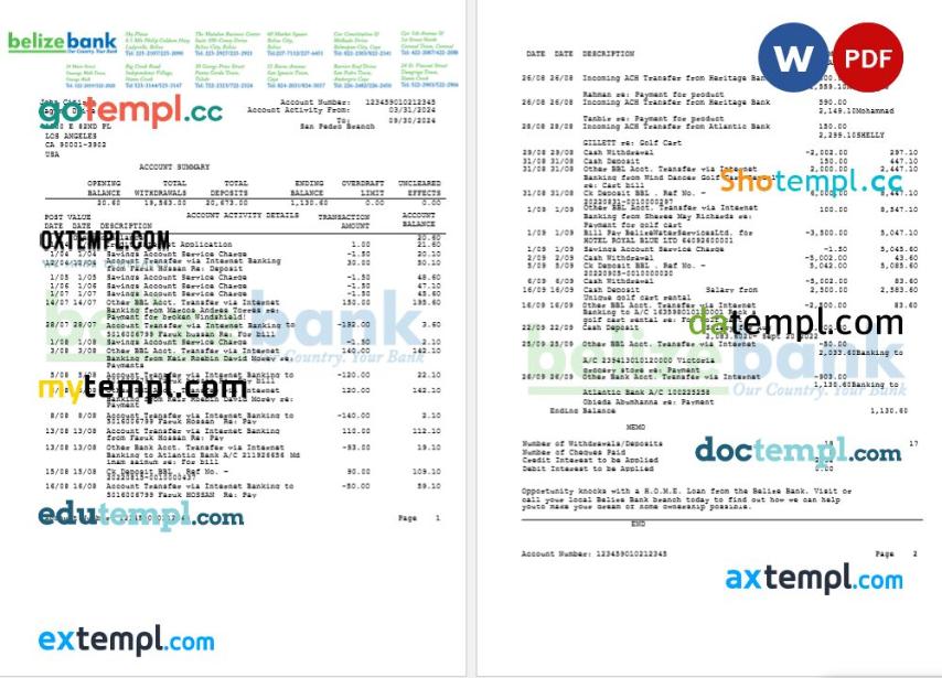 USA Belize Bank statement Word and PDF template, 2 pages