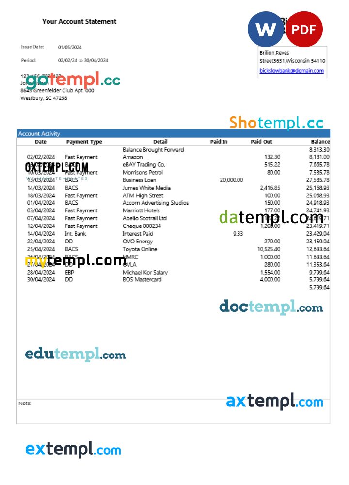 USA Bickslow bank statement Word and PDF template