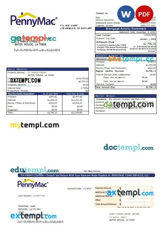 USA California PennyMac Loan Services mortgage statement Word and PDF template