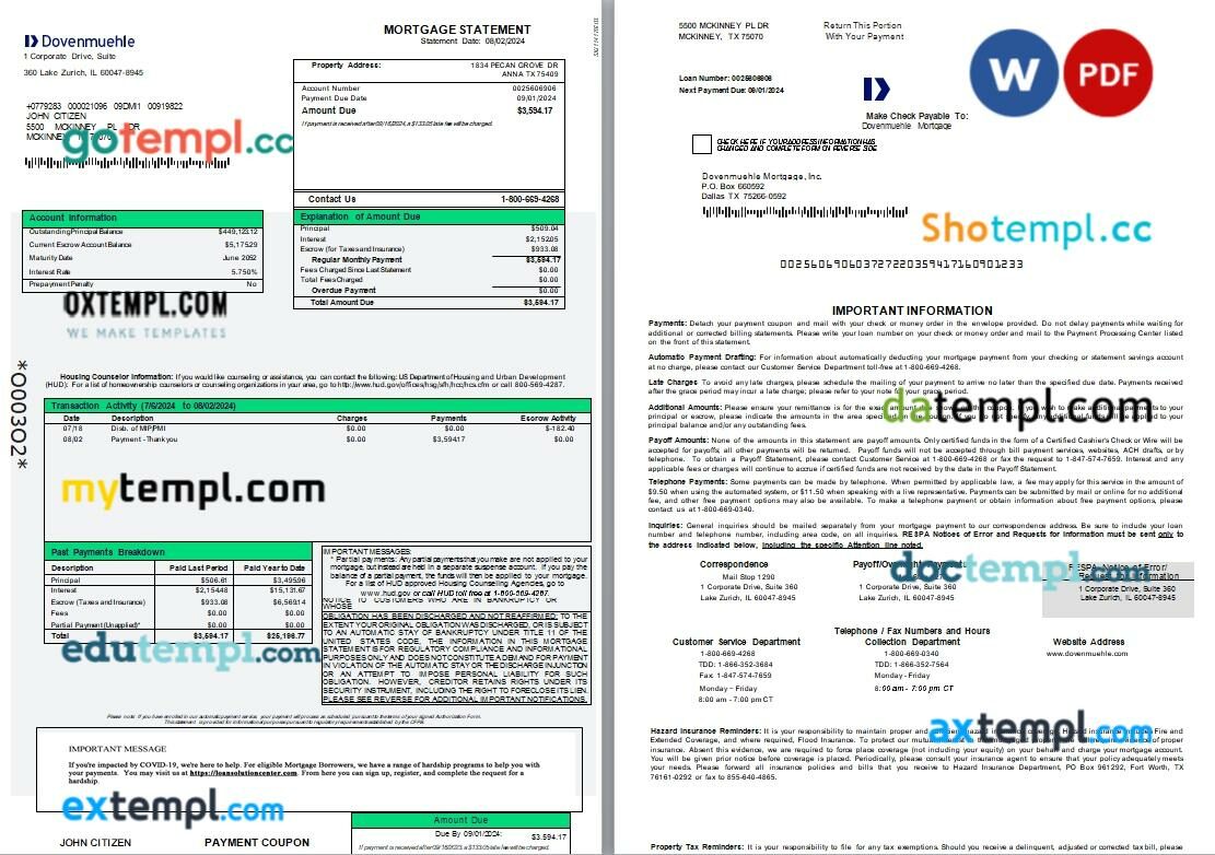 Australia Macquire Bank mortgage statement, editable template in PDF and Word