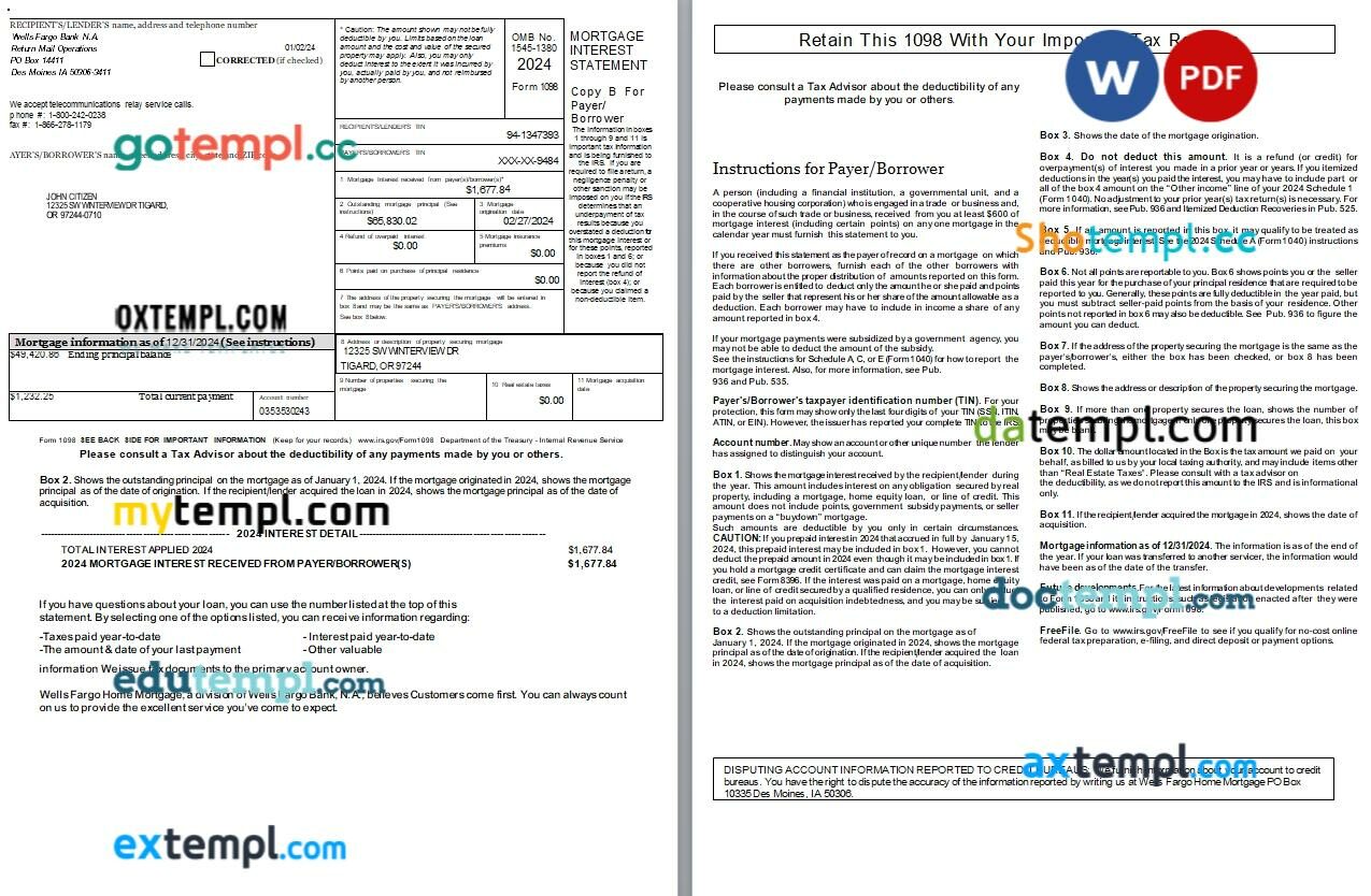 USA Iowa Wells Fargo bank mortgage interest statement Word and PDF template, 2 pages