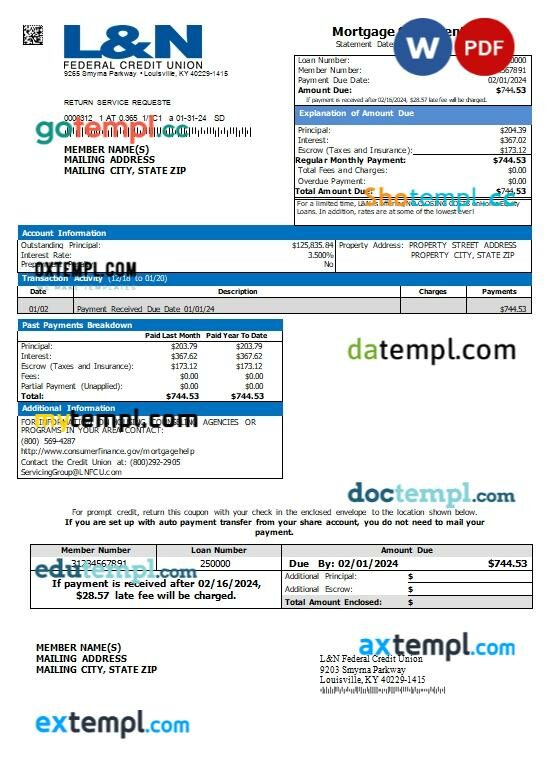 Belgium Wise bank mortgage statement, editable template in PDF and Word