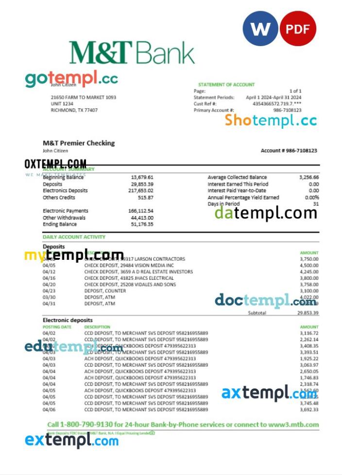 USA M&T bank account statement Word and PDF template