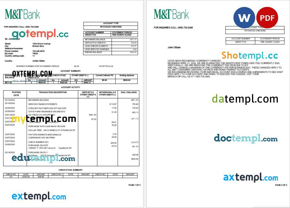 USA M&T bank statement Word and PDF template, 3 pages