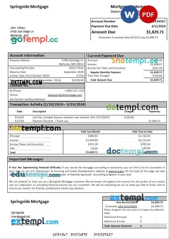 USA Maryland Springside mortgage statement Word and PDF template