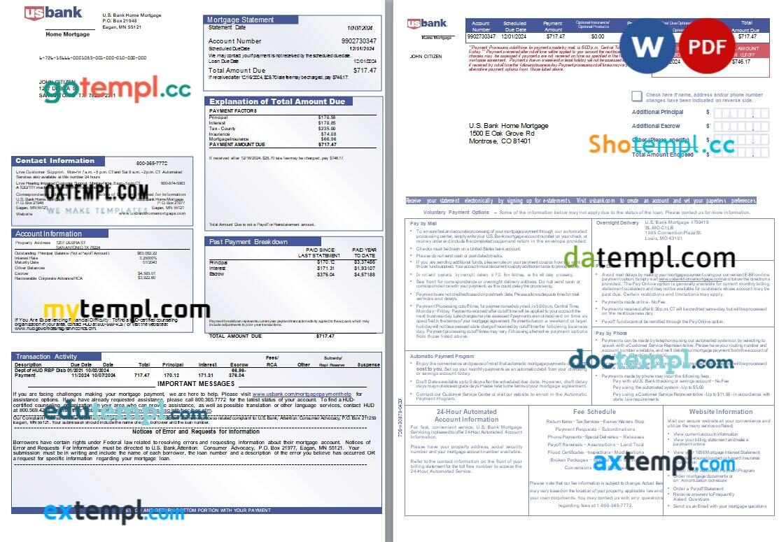 USA Ohio Fifth Third bank mortgage statement Word and PDF template