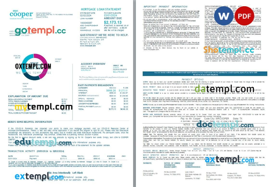 Argentina Banco Credicoop bank mortgage statement, editable template in PDF and Word