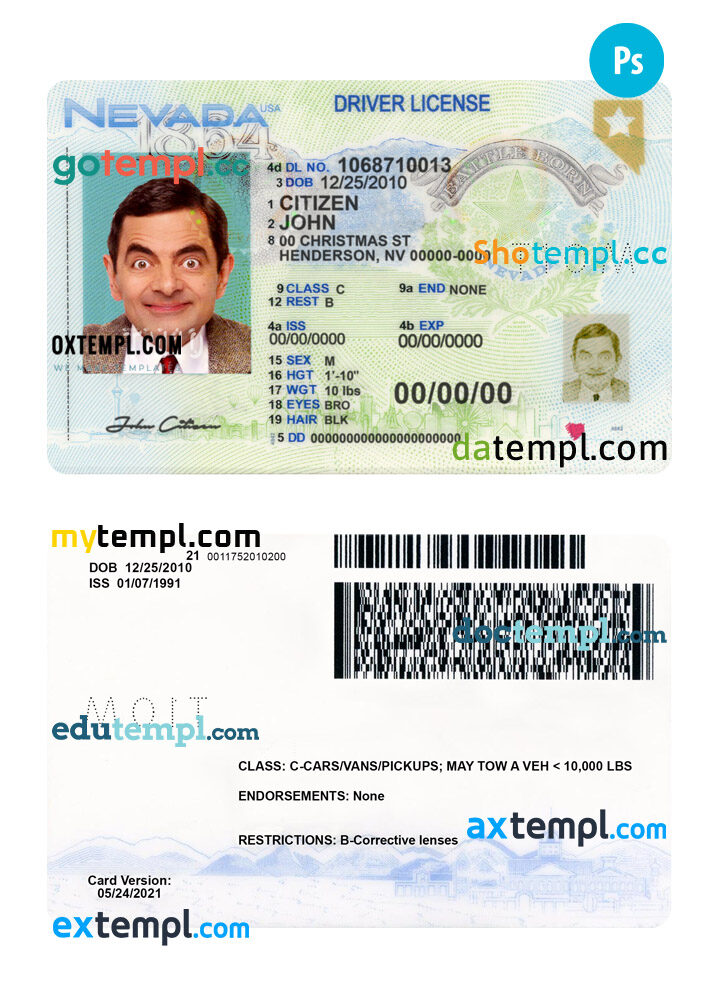 USA Nevada driver license download example in PSD format, 2021 – present