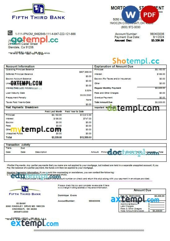 USA Ohio Fifth Third bank mortgage statement Word and PDF template