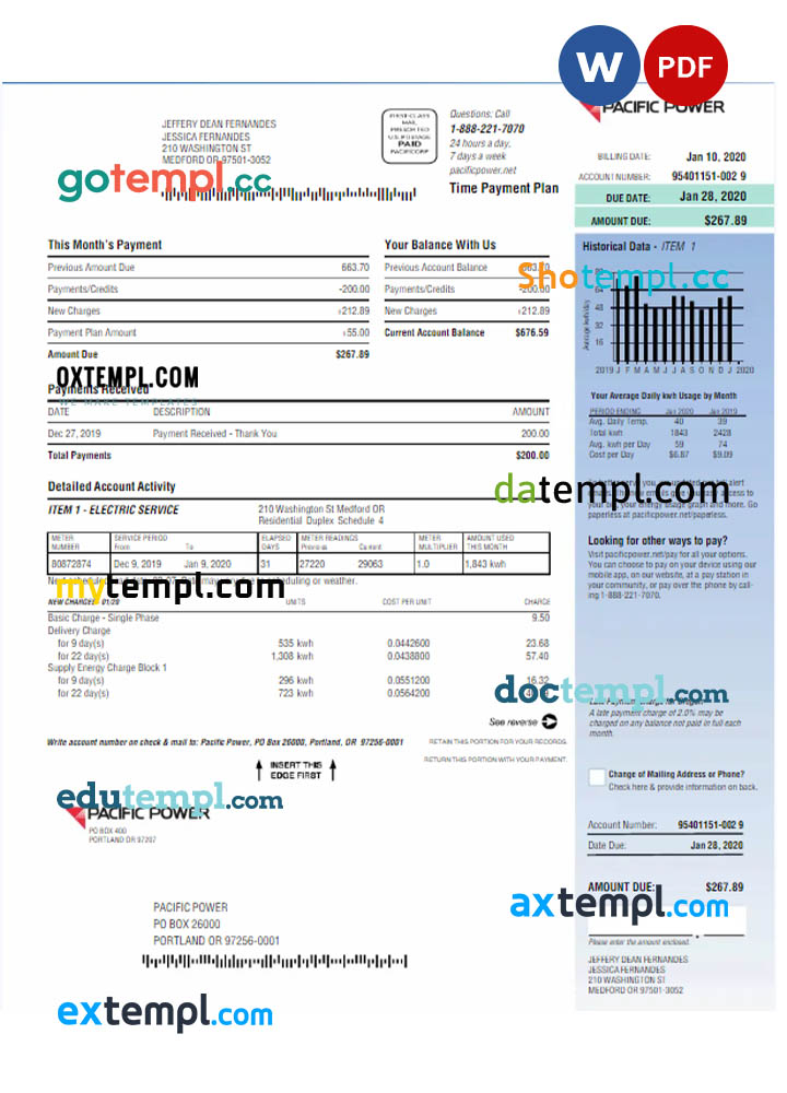 USA PACIFIC POWER utility bill Word and PDF template