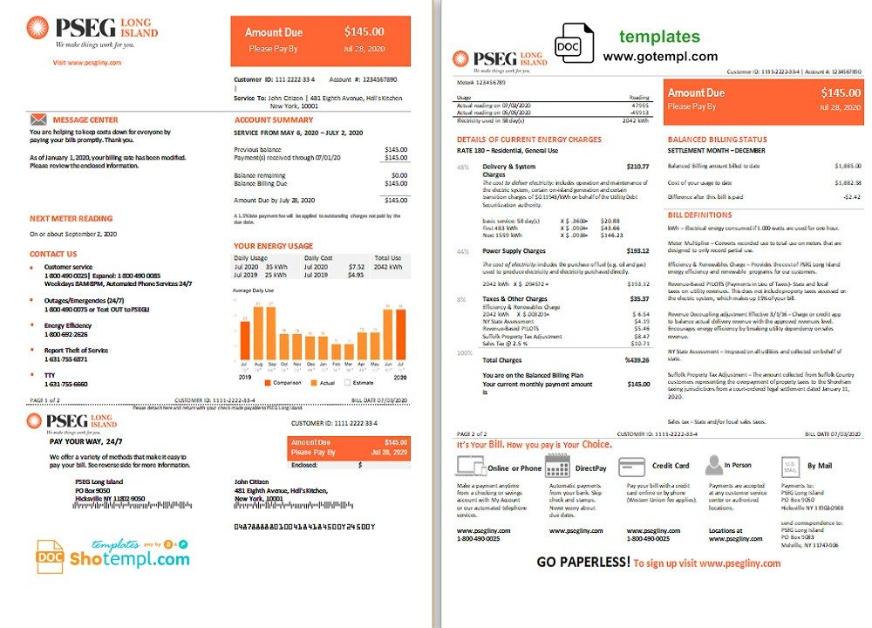 USA New Jersey PSEG electricity utility bill download example in Word and PDF format, 2 pages