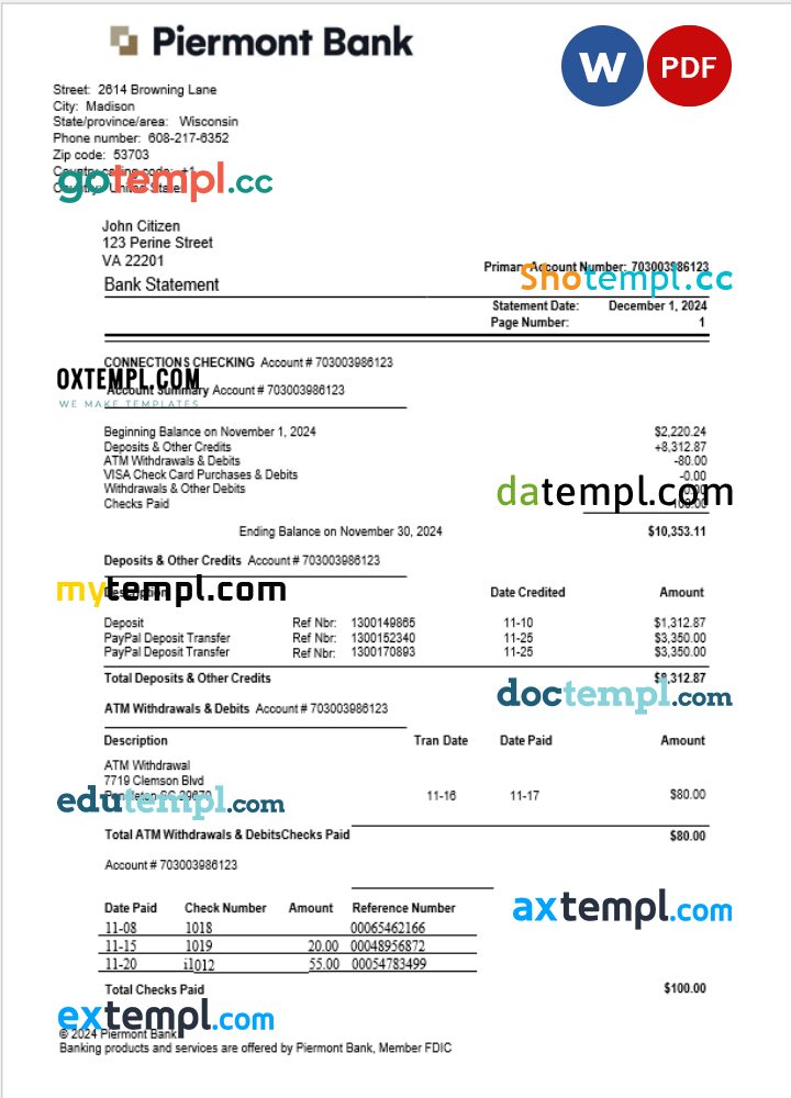 USA Piermont bank statement Word and PDF template