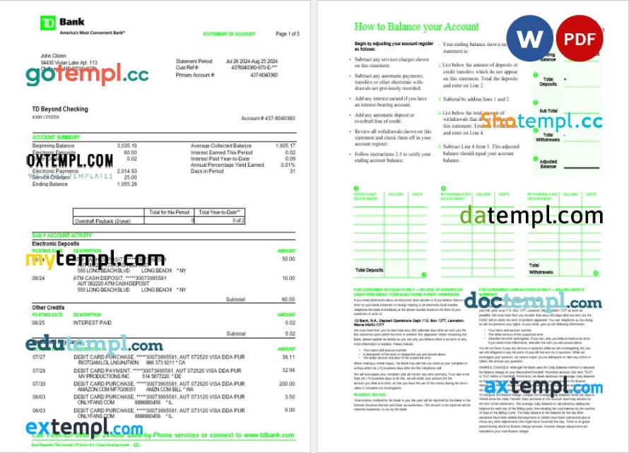 USA TD bank statement Word and PDF template, 5 pages