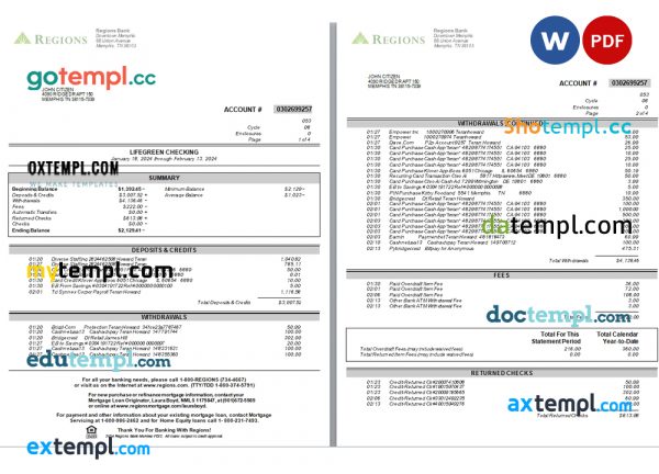 USA Tennessee Regions bank statement Word and PDF template, 4 pages, version 2