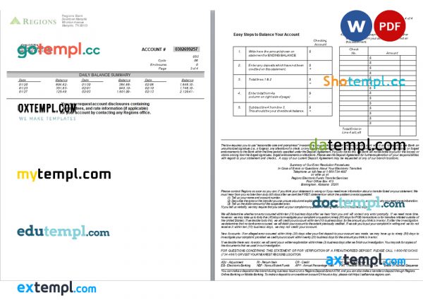 USA Tennessee Regions bank statement Word and PDF template, 4 pages, version 2