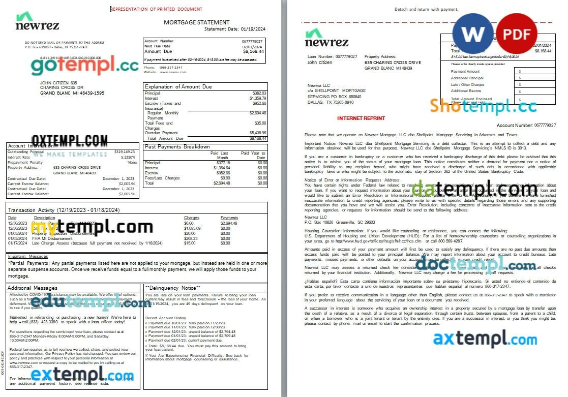 Banco de Credito Bolivia bank mortgage statement, editable template in PDF and Word