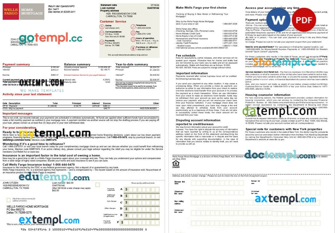 Australia Colonial First State Bank mortgage statement, 2 pages, editable template in PDF and Word