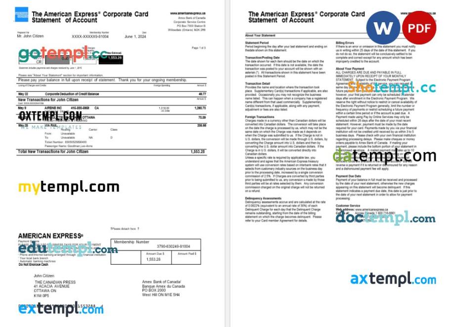 USA The American Express bank statement Word and PDF template, 3 pages