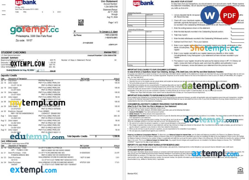 USA U.S. bank statement Word and PDF template, 4 pages