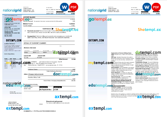 United Kingdom Nationalgrid electric utility bill Word and PDF formats, 2 pages