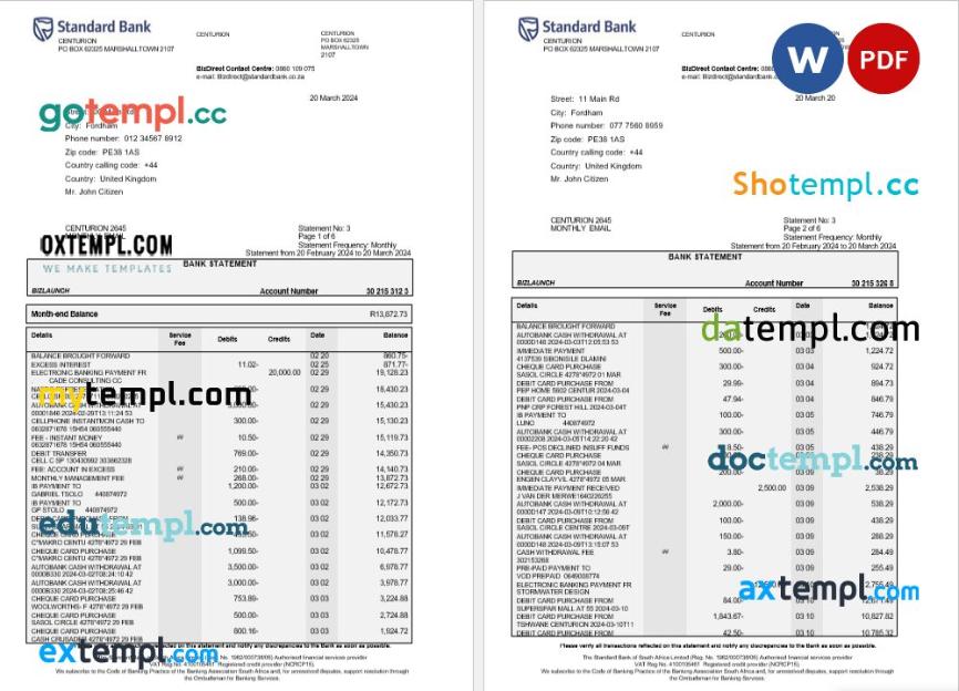 United Kingdom Standard bank statement Word and PDF template, 6 pages