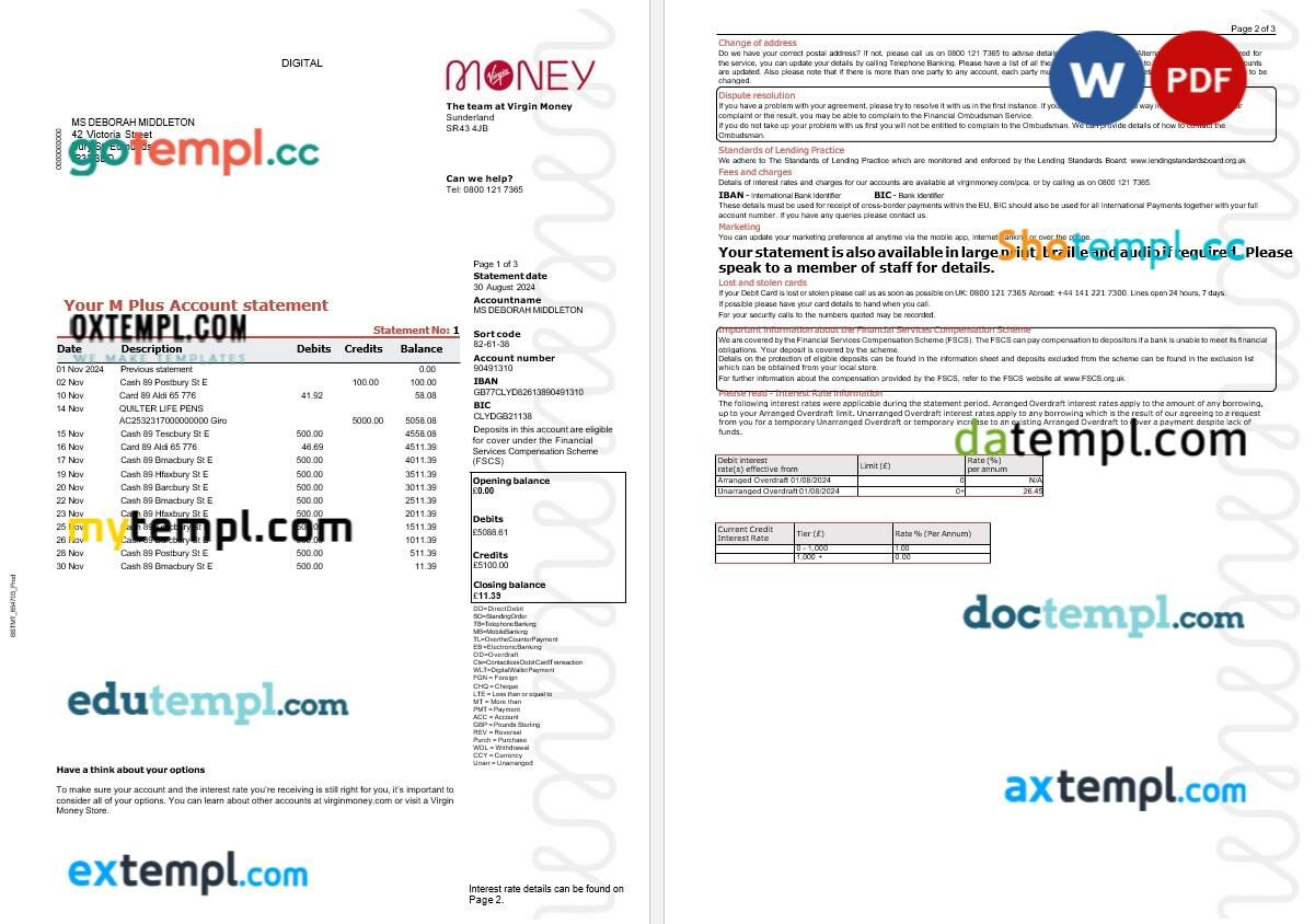 United Kingdom Virgin Money bank statement Word and PDF template, 3 pages