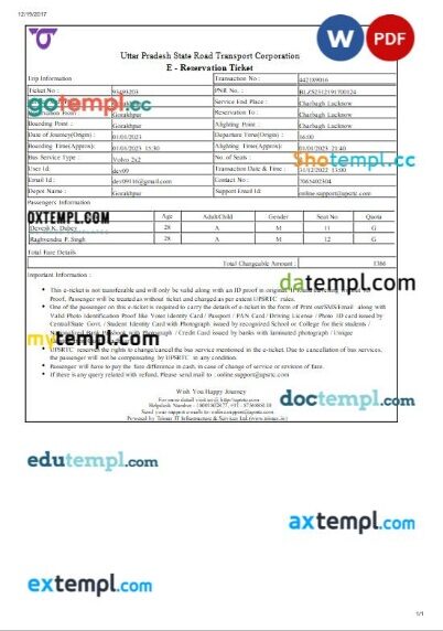 Uttar Pradesh State Road Transport Corporation bus e-ticket, Word and PDF download template