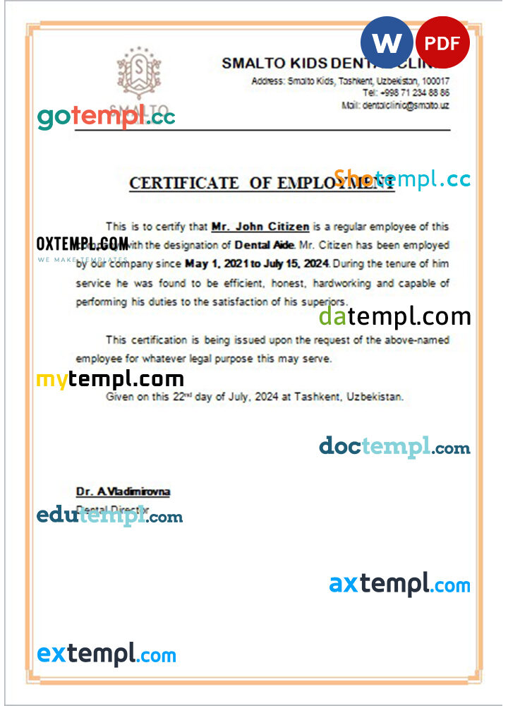 Uzbekistan Smalto Kids Dental Clinic certificate of employment Word and PDF download template