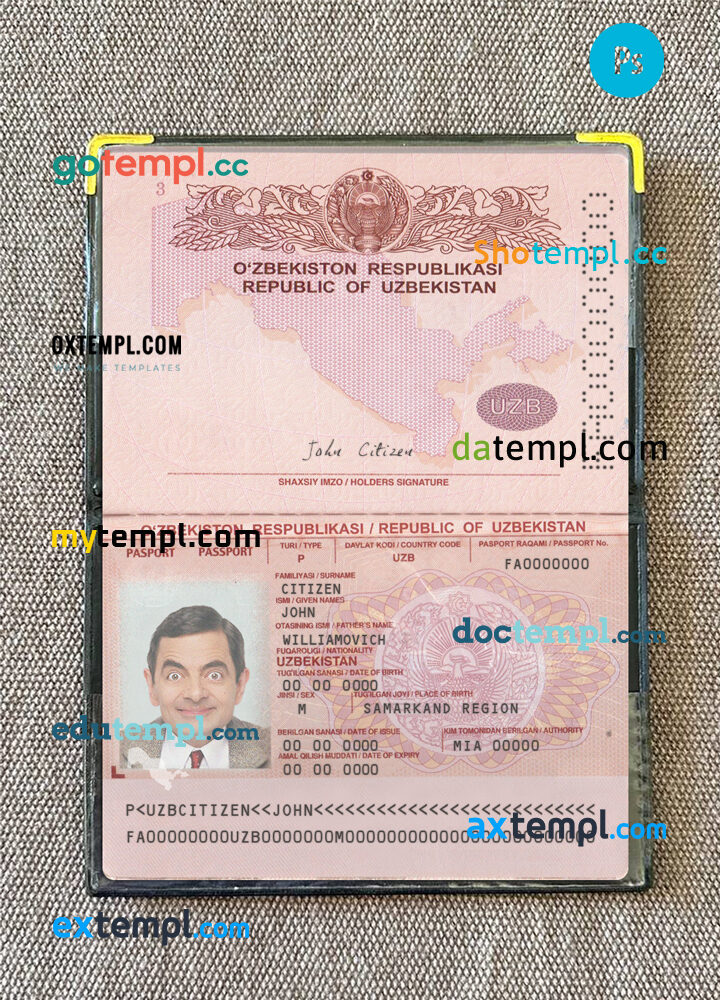 Uzbekistan passport editable PSD files, scan and photo look templates, 2 in 1, 2022-present